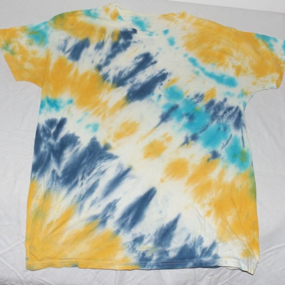 Hanes Tie-Dye White & Blue & Yellow 100% Comfort Soft T-Shirt Sz Large # 162
